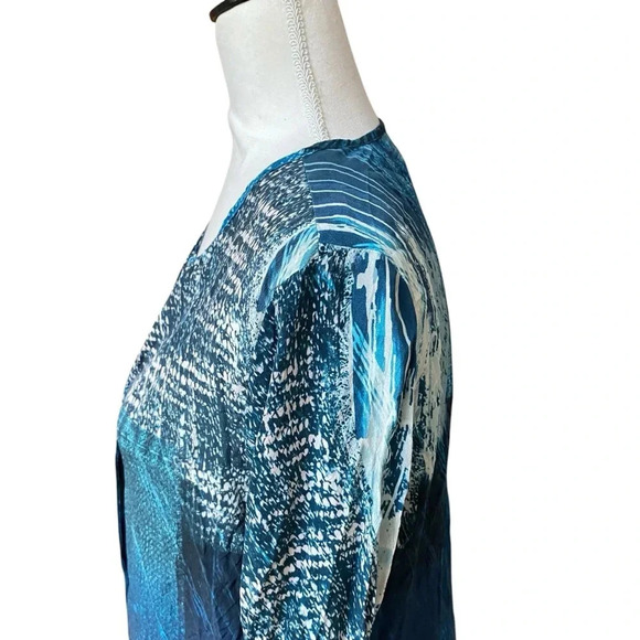 Ecru Silk Blouse Navy Cream Turquoise V-Neck Hidden Button Work Top M - Picture 7 of 13